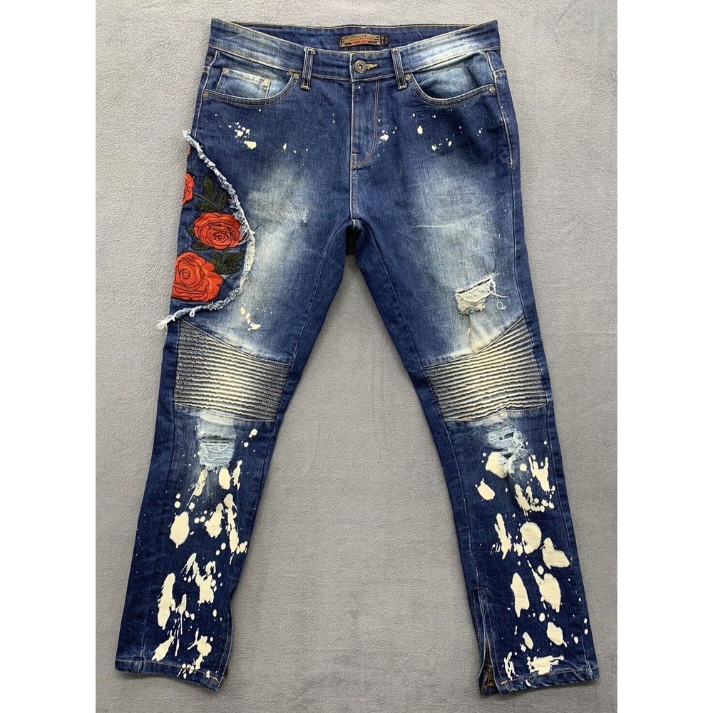 Focus Denim Jeans Men's 36 X 32 Blue Moto Embroidered Factory Distressed Roses